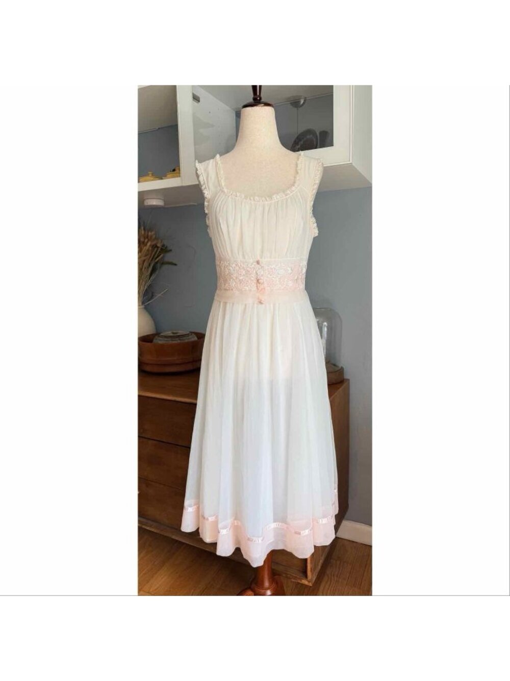 Vtg 50’s Gotham Gold Stripe Nightgown Chiffon Nylon 34 Small Floral Embroidered